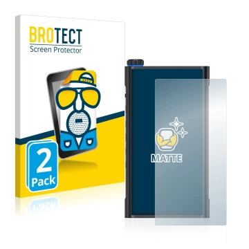 Parte frontale di una confezione del prodotto con il logo del marchio BROTECT. Accanto è raffigurato il dispositivo FiiO M15 c