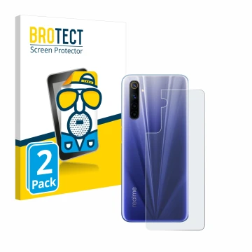 Parte frontale di una confezione del prodotto con il logo del marchio BROTECT. Accanto è raffigurato il dispositivo realme 6 (