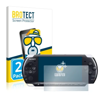 Parte frontale di una confezione del prodotto con il logo del marchio BROTECT. Accanto è raffigurato il dispositivo Sony PSP 3