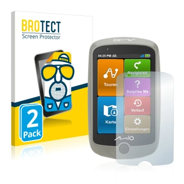 Parte frontale di una confezione del prodotto con il logo del marchio BROTECT. Accanto è raffigurato il dispositivo Mitac Mio 