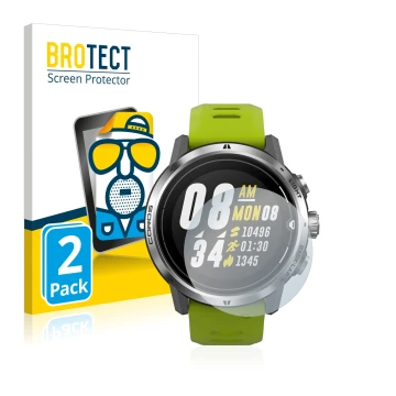 Parte frontale di una confezione del prodotto con il logo del marchio BROTECT. Accanto è raffigurato il dispositivo Coros Apex