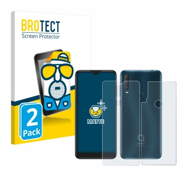 Parte frontale di una confezione del prodotto con il logo del marchio BROTECT. Accanto è raffigurato il dispositivo Alcatel 1S