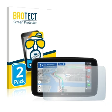 Parte frontale di una confezione del prodotto con il logo del marchio BROTECT. Accanto è raffigurato il dispositivo TomTom GO 