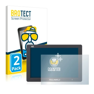 Parte frontale di una confezione del prodotto con il logo del marchio BROTECT. Accanto è raffigurato il dispositivo Feelworld 