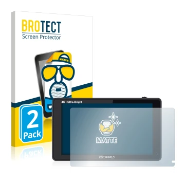 Parte frontale di una confezione del prodotto con il logo del marchio BROTECT. Accanto è raffigurato il dispositivo Feelworld 