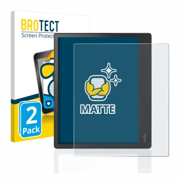 Parte frontale di una confezione del prodotto con il logo del marchio BROTECT. Accanto è raffigurato il dispositivo Kobo Elips