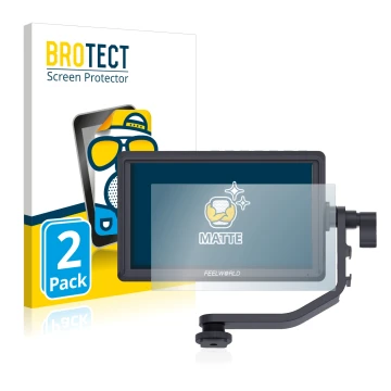 Parte frontale di una confezione del prodotto con il logo del marchio BROTECT. Accanto è raffigurato il dispositivo Feelworld 