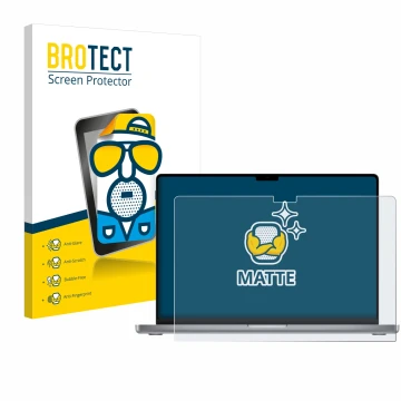 Parte frontale di una confezione del prodotto con il logo del marchio BROTECT. Accanto è raffigurato il dispositivo Apple MacB