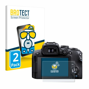 Parte frontale di una confezione del prodotto con il logo del marchio BROTECT. Accanto è raffigurato il dispositivo Canon EOS 