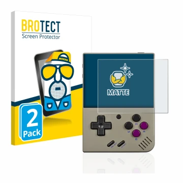 Parte frontale di una confezione del prodotto con il logo del marchio BROTECT. Accanto è raffigurato il dispositivo Miyoo Mini