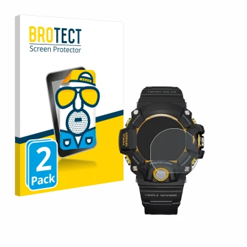 Parte frontale di una confezione del prodotto con il logo del marchio BROTECT. Accanto è raffigurato il dispositivo Casio G-Sh