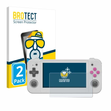 Parte frontale di una confezione del prodotto con il logo del marchio BROTECT. Accanto è raffigurato il dispositivo Anbernic R