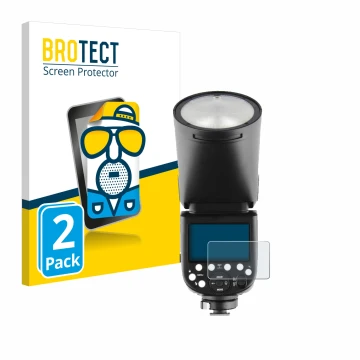 Parte frontale di una confezione del prodotto con il logo del marchio BROTECT. Accanto è raffigurato il dispositivo Godox V1 c