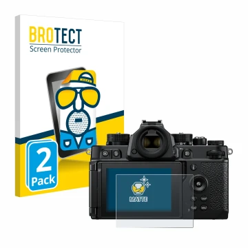 Parte frontale di una confezione del prodotto con il logo del marchio BROTECT. Accanto è raffigurato il dispositivo Nikon Z F 