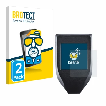 Parte frontale di una confezione del prodotto con il logo del marchio BROTECT. Accanto è raffigurato il dispositivo Trezor Mod