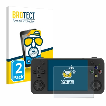 Parte frontale di una confezione del prodotto con il logo del marchio BROTECT. Accanto è raffigurato il dispositivo Anbernic R