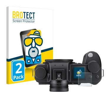 Parte frontale di una confezione del prodotto con il logo del marchio BROTECT. Accanto è raffigurato il dispositivo Leica SL3 