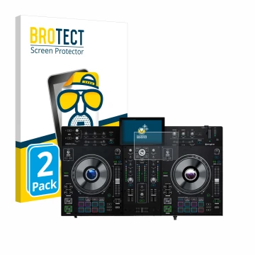 Parte frontale di una confezione del prodotto con il logo del marchio BROTECT. Accanto è raffigurato il dispositivo Denon DJ P