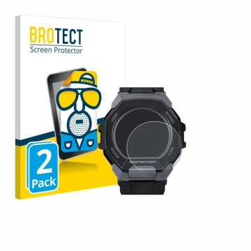 Parte frontale di una confezione del prodotto con il logo del marchio BROTECT. Accanto è raffigurato il dispositivo Casio G-Sh