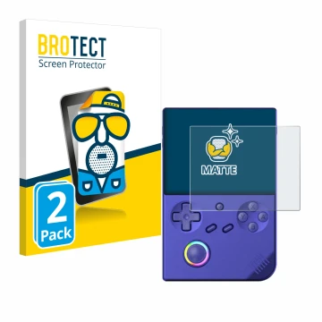 Parte frontale di una confezione del prodotto con il logo del marchio BROTECT. Accanto è raffigurato il dispositivo Anbernic R