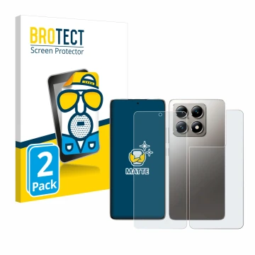 Parte frontale di una confezione del prodotto con il logo del marchio BROTECT. Accanto è raffigurato il dispositivo Xiaomi 14T