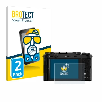 Parte frontale di una confezione del prodotto con il logo del marchio BROTECT. Accanto è raffigurato il dispositivo Fujifilm X
