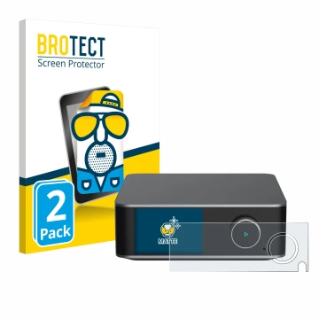 Parte frontale di una confezione del prodotto con il logo del marchio BROTECT. Accanto è raffigurato il dispositivo WiiM Ultra