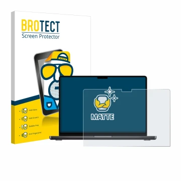 Parte frontale di una confezione del prodotto con il logo del marchio BROTECT. Accanto è raffigurato il dispositivo Apple MacB