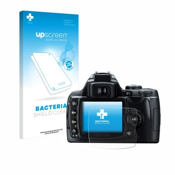 Parte frontale di una confezione del prodotto con il logo del marchio upscreen. Accanto è raffigurato il dispositivo Nikon D40