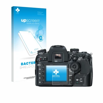 Parte frontale di una confezione del prodotto con il logo del marchio upscreen. Accanto è raffigurato il dispositivo Konica Mi