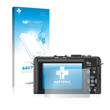 Parte frontale di una confezione del prodotto con il logo del marchio upscreen. Accanto è raffigurato il dispositivo Panasonic