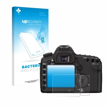 Parte frontale di una confezione del prodotto con il logo del marchio upscreen. Accanto è raffigurato il dispositivo Canon EOS