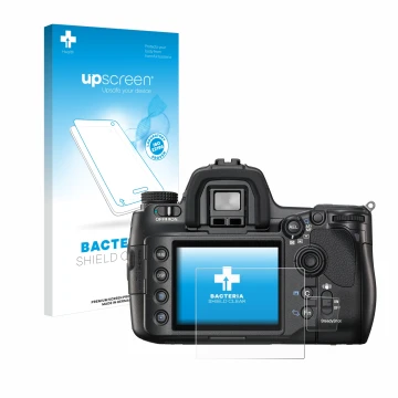 Parte frontale di una confezione del prodotto con il logo del marchio upscreen. Accanto è raffigurato il dispositivo Sony Alph