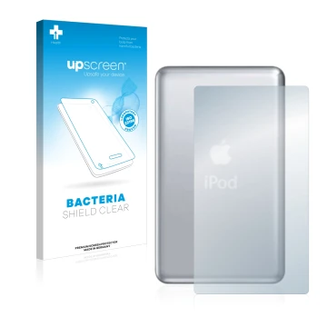 Parte frontale di una confezione del prodotto con il logo del marchio upscreen. Accanto è raffigurato il dispositivo Apple iPo