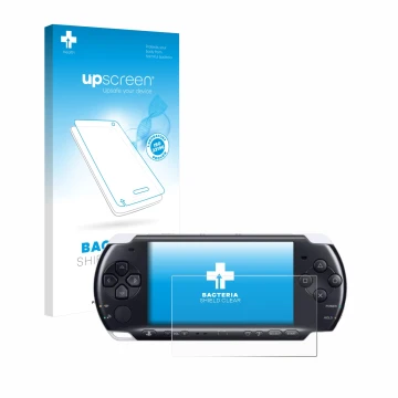 Parte frontale di una confezione del prodotto con il logo del marchio upscreen. Accanto è raffigurato il dispositivo Sony PSP 