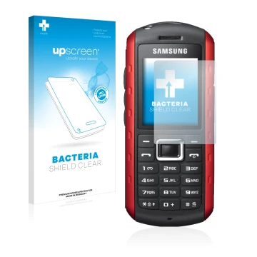 Parte frontale di una confezione del prodotto con il logo del marchio upscreen. Accanto è raffigurato il dispositivo Samsung B