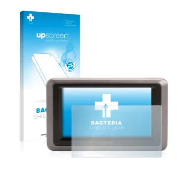 Parte frontale di una confezione del prodotto con il logo del marchio upscreen. Accanto è raffigurato il dispositivo Garmin zu