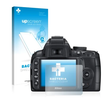 Parte frontale di una confezione del prodotto con il logo del marchio upscreen. Accanto è raffigurato il dispositivo Nikon D30