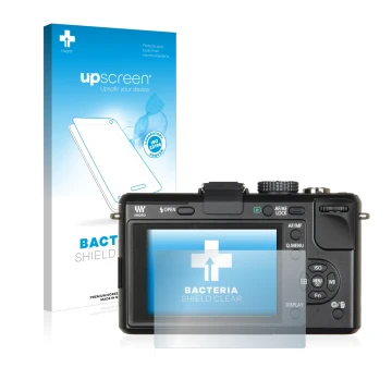 Parte frontale di una confezione del prodotto con il logo del marchio upscreen. Accanto è raffigurato il dispositivo Panasonic