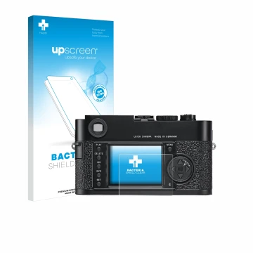 Parte frontale di una confezione del prodotto con il logo del marchio upscreen. Accanto è raffigurato il dispositivo Leica M9 