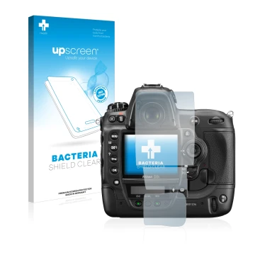 Parte frontale di una confezione del prodotto con il logo del marchio upscreen. Accanto è raffigurato il dispositivo Nikon D3S