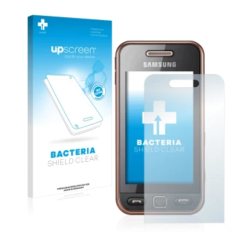 Parte frontale di una confezione del prodotto con il logo del marchio upscreen. Accanto è raffigurato il dispositivo Samsung G