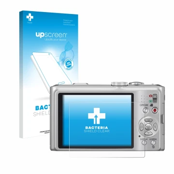 Parte frontale di una confezione del prodotto con il logo del marchio upscreen. Accanto è raffigurato il dispositivo Panasonic