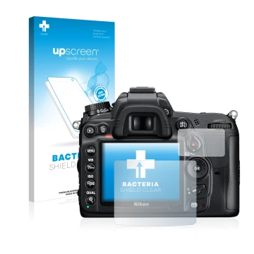 Parte frontale di una confezione del prodotto con il logo del marchio upscreen. Accanto è raffigurato il dispositivo Nikon D70