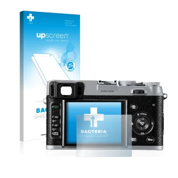 Parte frontale di una confezione del prodotto con il logo del marchio upscreen. Accanto è raffigurato il dispositivo Fujifilm 