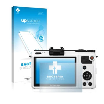 Parte frontale di una confezione del prodotto con il logo del marchio upscreen. Accanto è raffigurato il dispositivo Olympus X