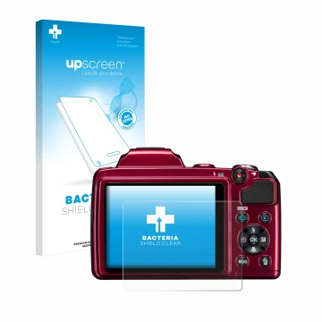 Parte frontale di una confezione del prodotto con il logo del marchio upscreen. Accanto è raffigurato il dispositivo Nikon Coo