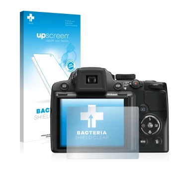 Parte frontale di una confezione del prodotto con il logo del marchio upscreen. Accanto è raffigurato il dispositivo Nikon Coo