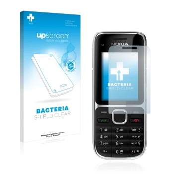 Parte frontale di una confezione del prodotto con il logo del marchio upscreen. Accanto è raffigurato il dispositivo Nokia C2-