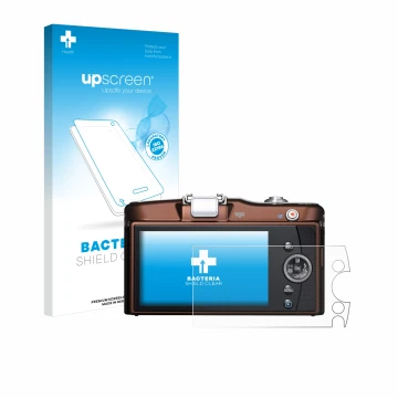 Parte frontale di una confezione del prodotto con il logo del marchio upscreen. Accanto è raffigurato il dispositivo Olympus P